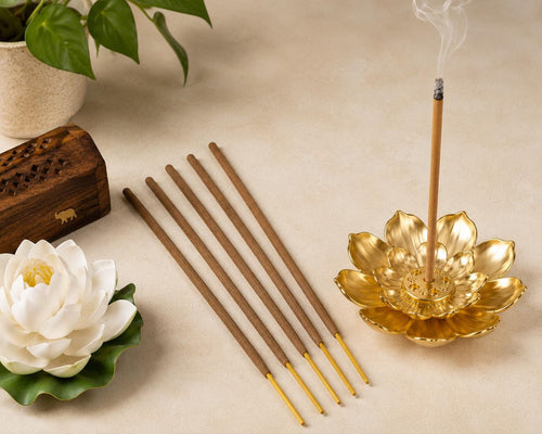 5 Incense Sticks Set + Gold Lotus Incense Holder | Aromatherapy | Meditation | Cleanse | Power | Courage | Strength | Love | Health | Wealth
