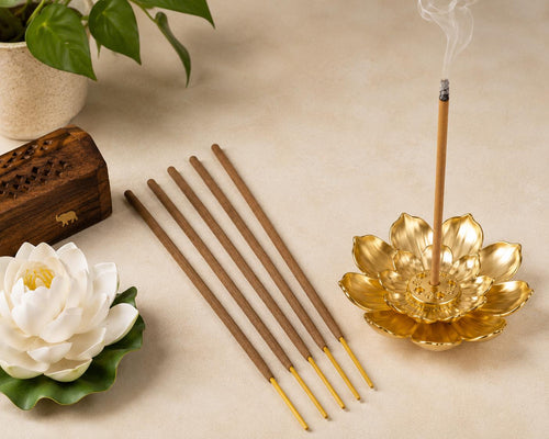 5 Incense Sticks Set + Gold Lotus Incense Holder | Aromatherapy | Meditation | Cleanse | Power | Courage | Strength | Love | Health | Wealth