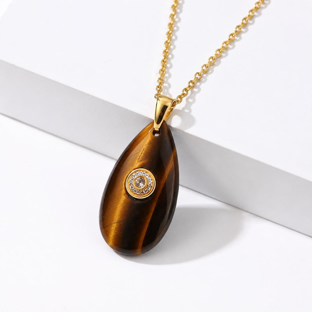 Gold Chain Pendant Necklace | Tiger's Eye Crystal | Protective Confidence | Teardrop Pendant