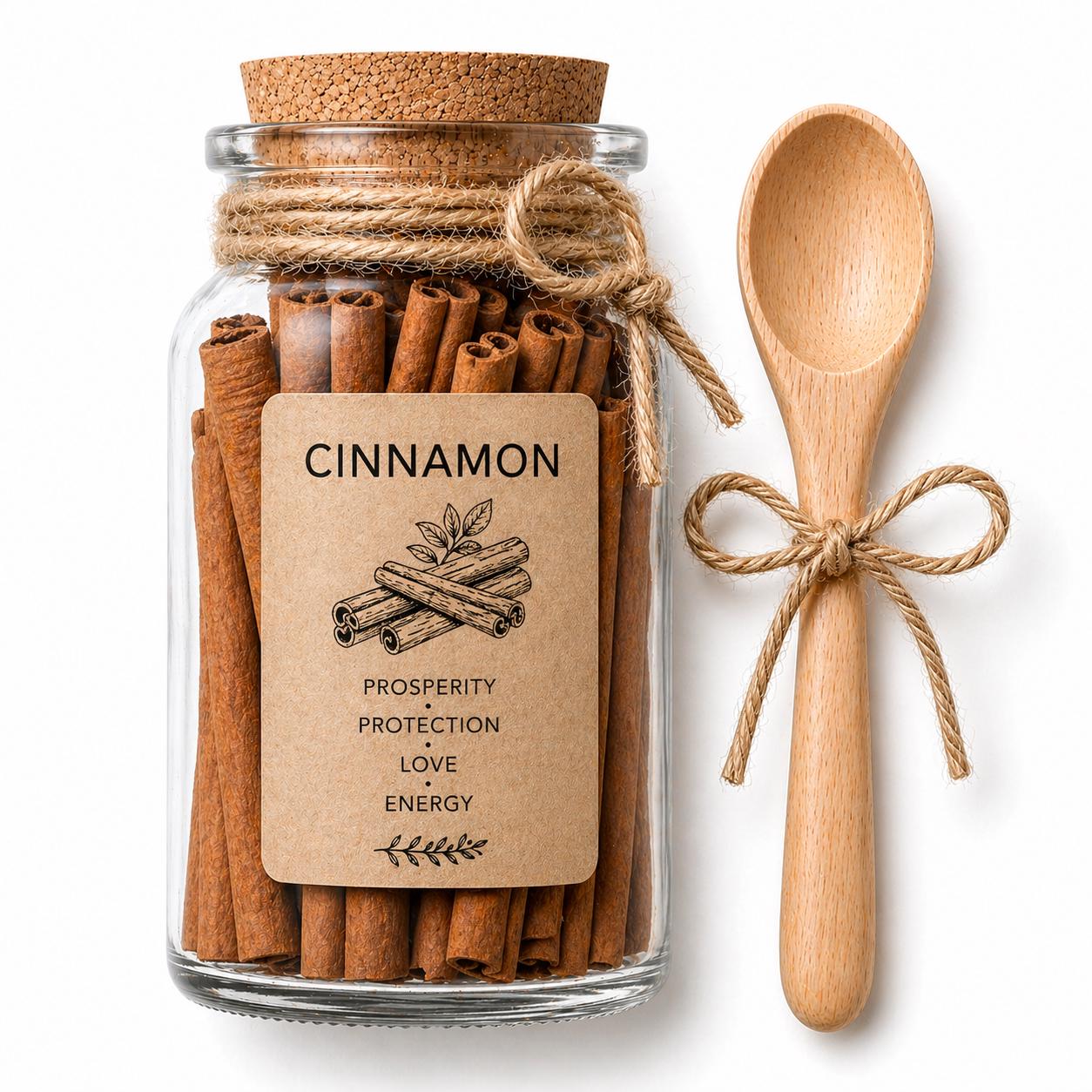 Herb Spell Jar + Spoon | Cinnamon Sticks | Dried, Cut & Sifted | Cinnamomum Verum | 50ML