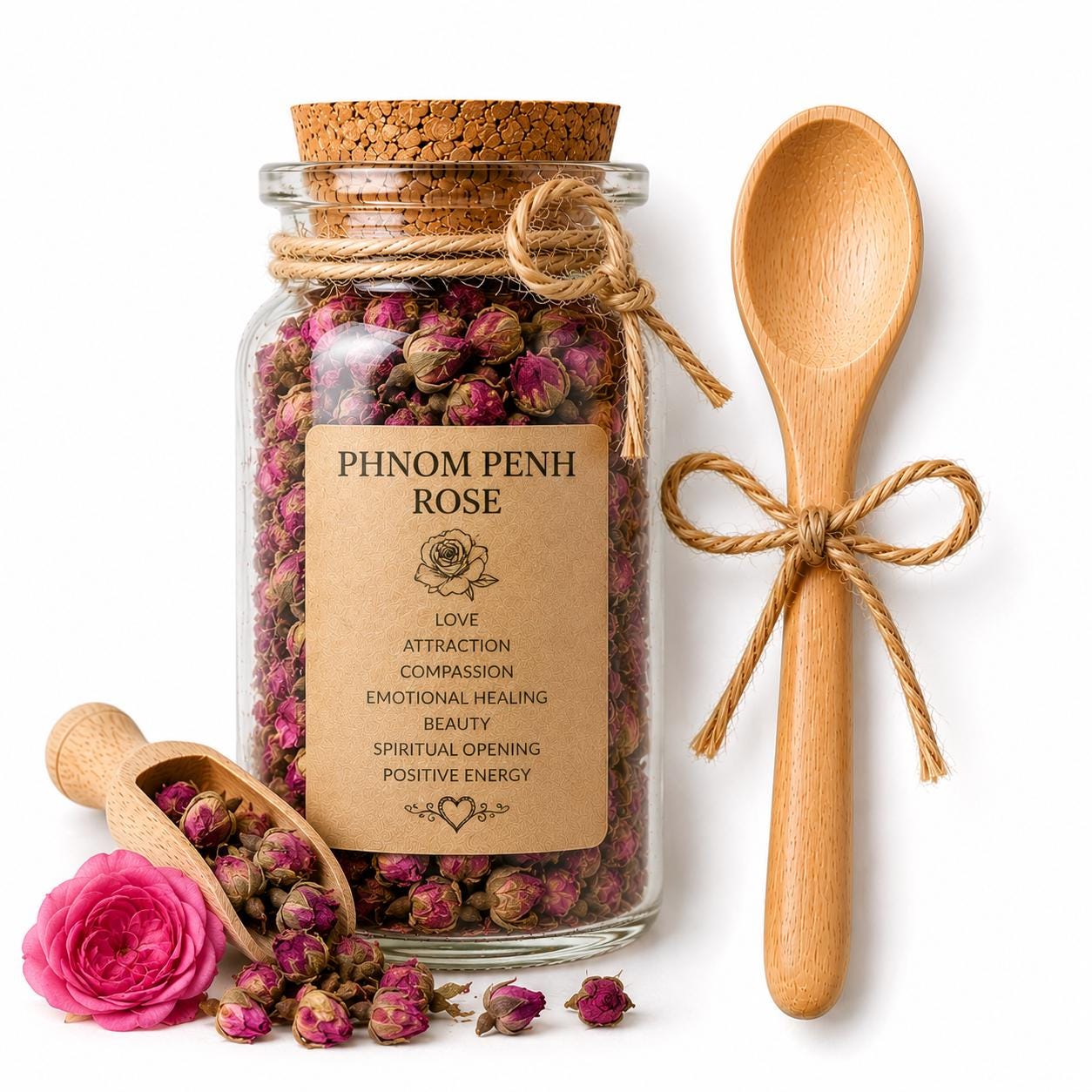 Herb Spell Jar + Spoon | Phnom Penh Rose | Dried, Cut & Sifted | Dried Rose Buds | 50ML
