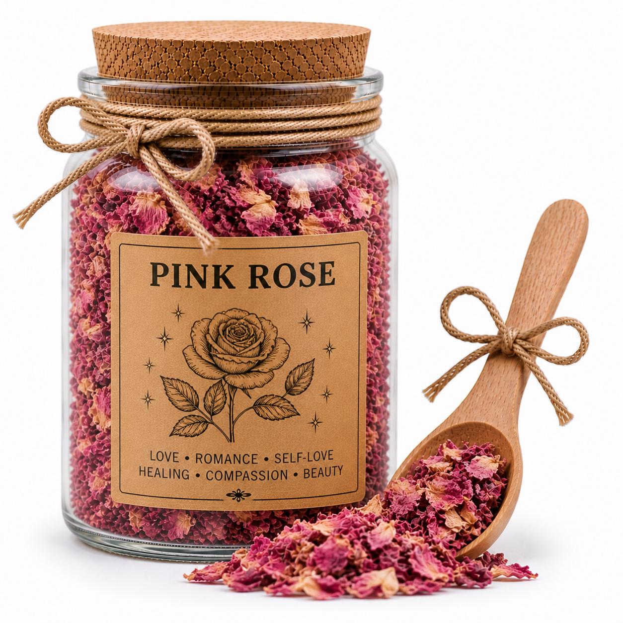 Herb Spell Jar + Spoon | Pink Rose | Dried, Cut & Sifted | Rosa Spp. | 50ML