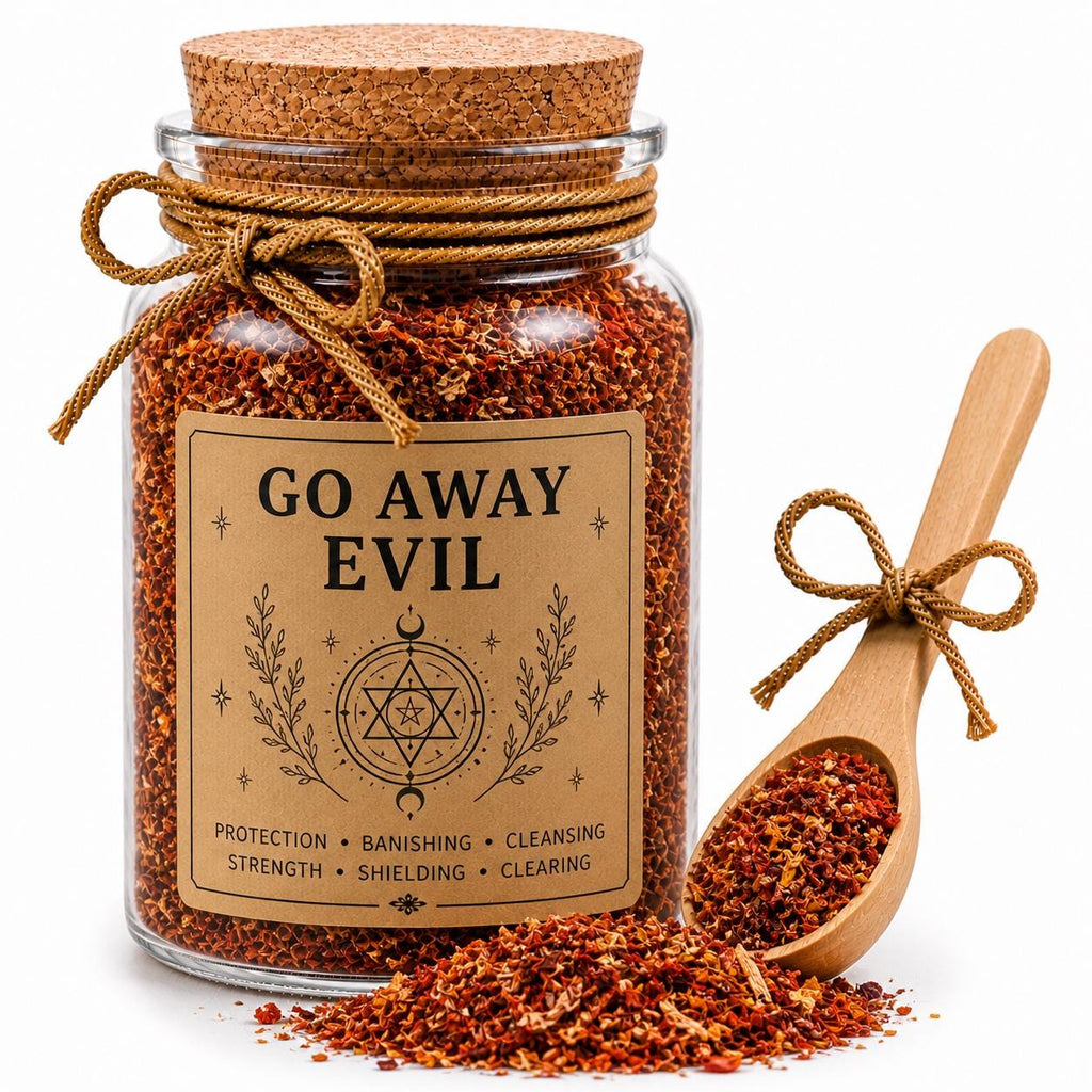 Herb Spell Jar + Spoon | Go Away Evil (Herbal Blend) | Dried, Cut & Sifted | Protective Botanical Mix | 50ML