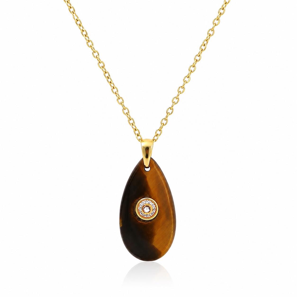 Gold Chain Pendant Necklace | Tiger's Eye Crystal | Protective Confidence | Teardrop Pendant