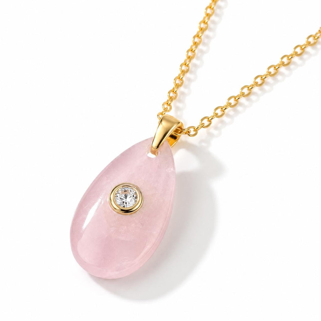 Gold Chain Pendant Necklace | Rose Quartz Crystal | Love & Compassion | Teardrop Pendant