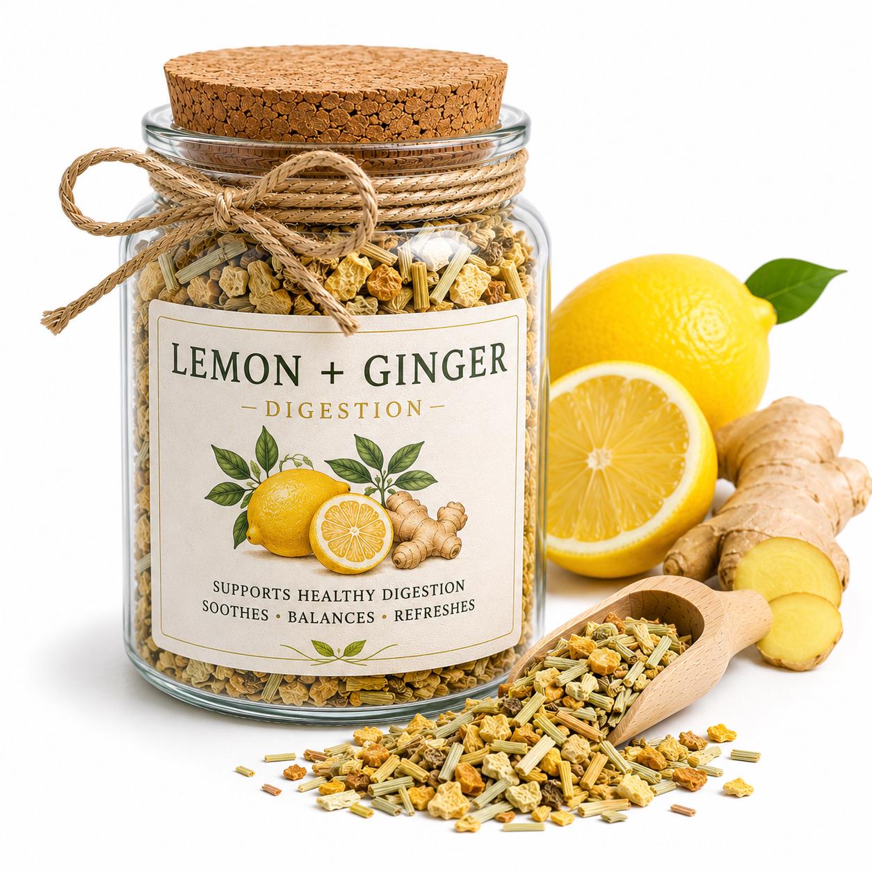 Herb Spell Jar + Spoon | Lemon + Ginger | Dried, Cut & Sifted | Digestive Wellness Botanical | 50ML