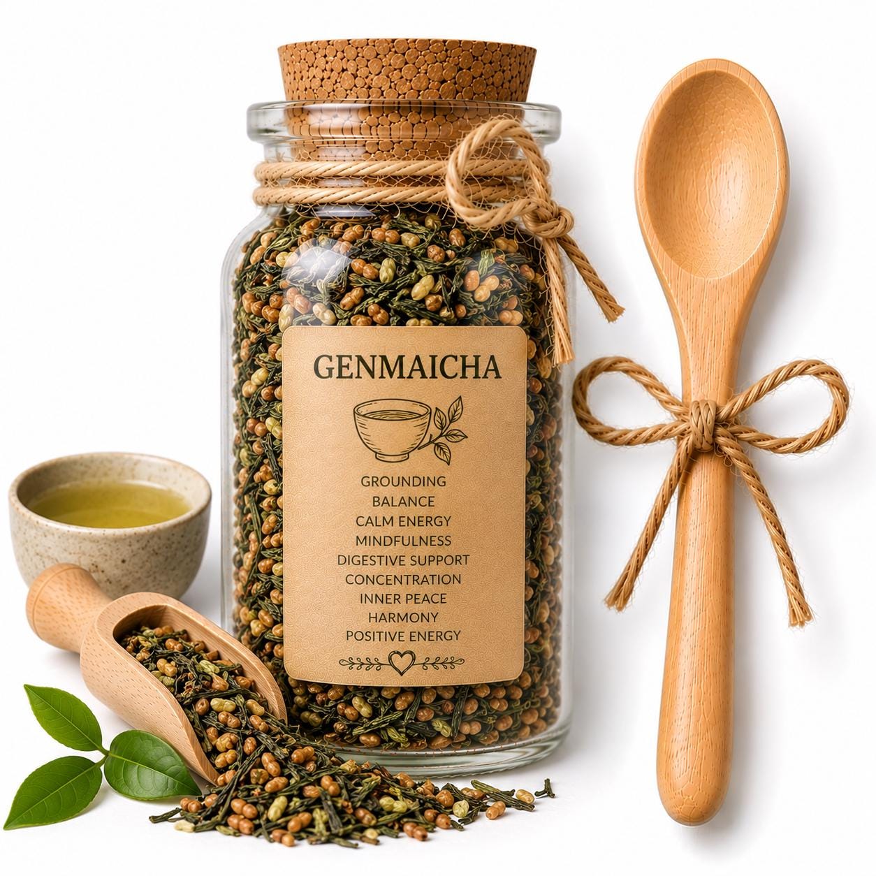 Herb Spell Jar + Spoon | Genmaicha | Dried, Cut & Sifted | Grounding + Harmony Botanical | 50ML