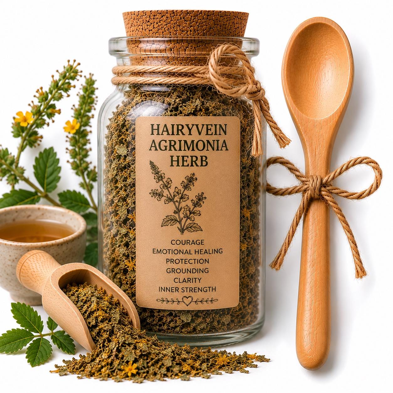 Herb Spell Jar + Spoon | Hairyvein Agrimonia Herb | Dried, Cut & Sifted | Protection + Inner Strength Botanical | 50ML