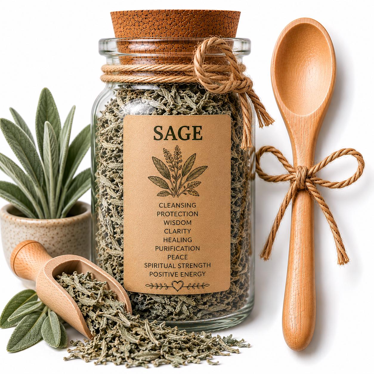 Herb Spell Jar + Spoon | Sage  | Dried, Cut & Sifted | Salvia Officinalis | 50ML
