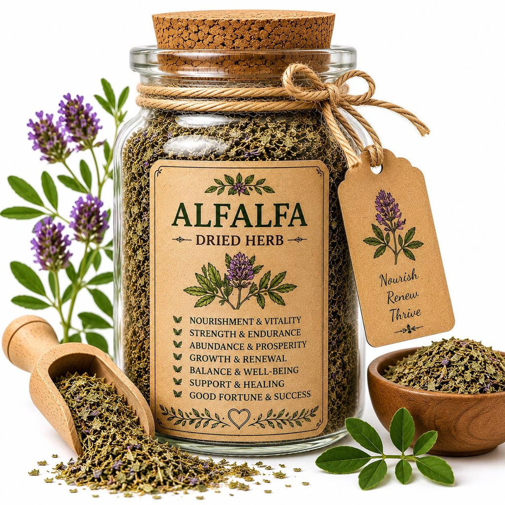 Herb Spell Jar + Spoon | Alfafa | Dried, Cut & Sifted | Medicago Sativa | 50ML