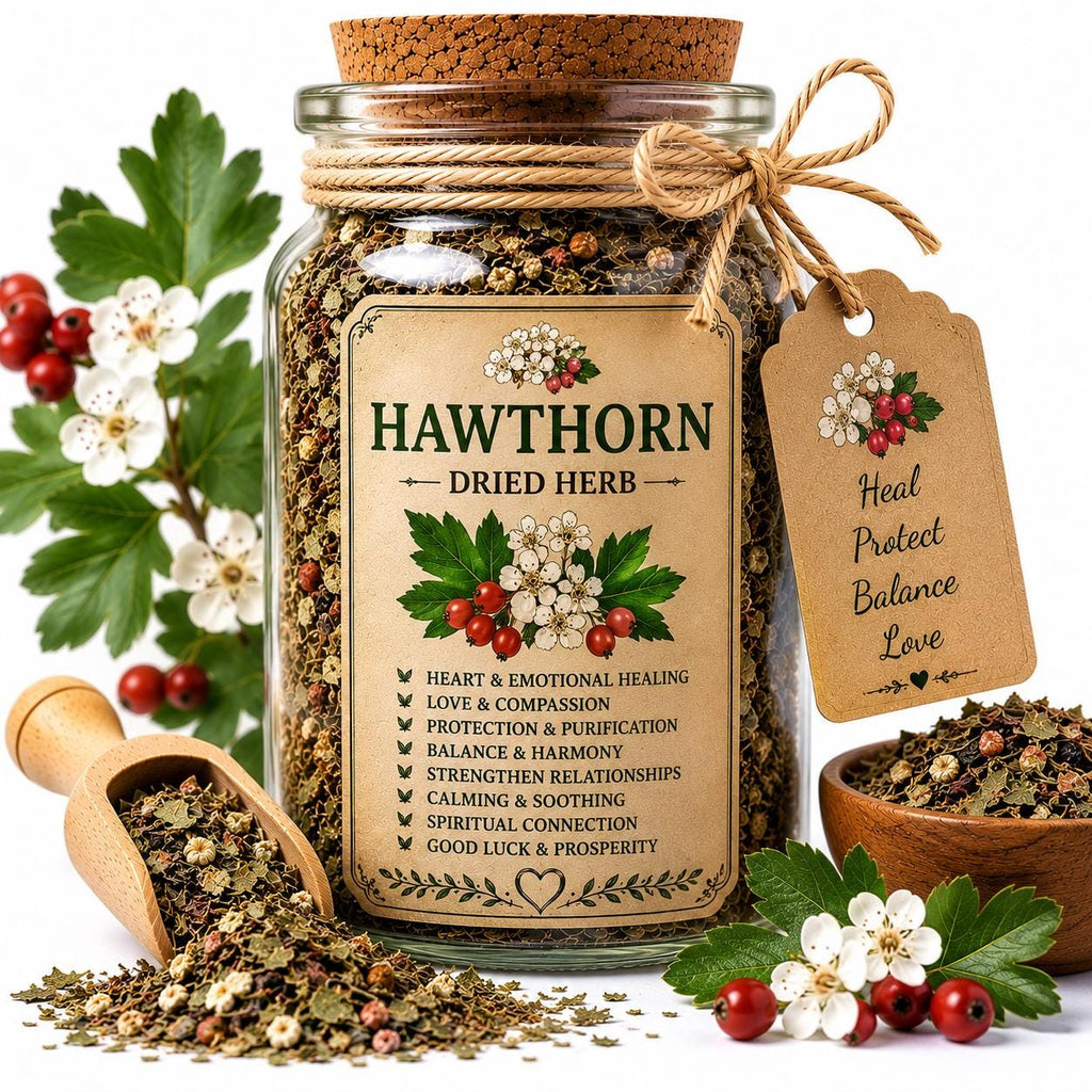 Herb Spell Jar + Spoon | Hawthorn | Dried, Cut & Sifted | Crataegus Laevigata | 50ML