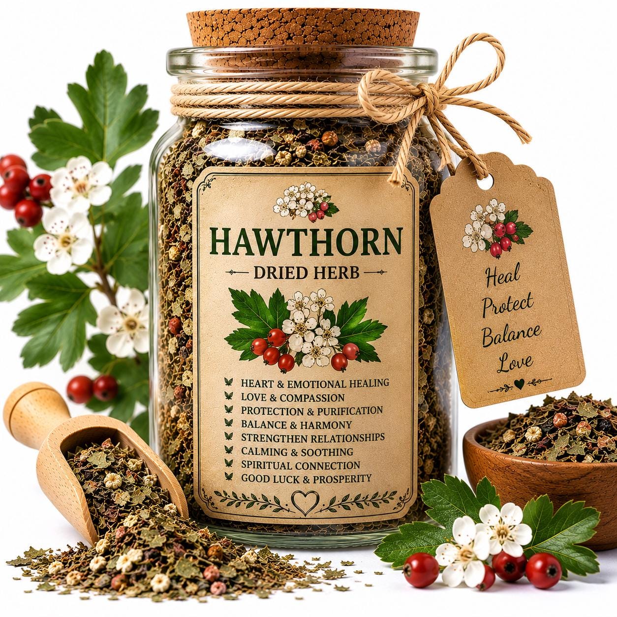 Herb Spell Jar + Spoon | Hawthorn | Dried, Cut & Sifted | Crataegus Laevigata | 50ML