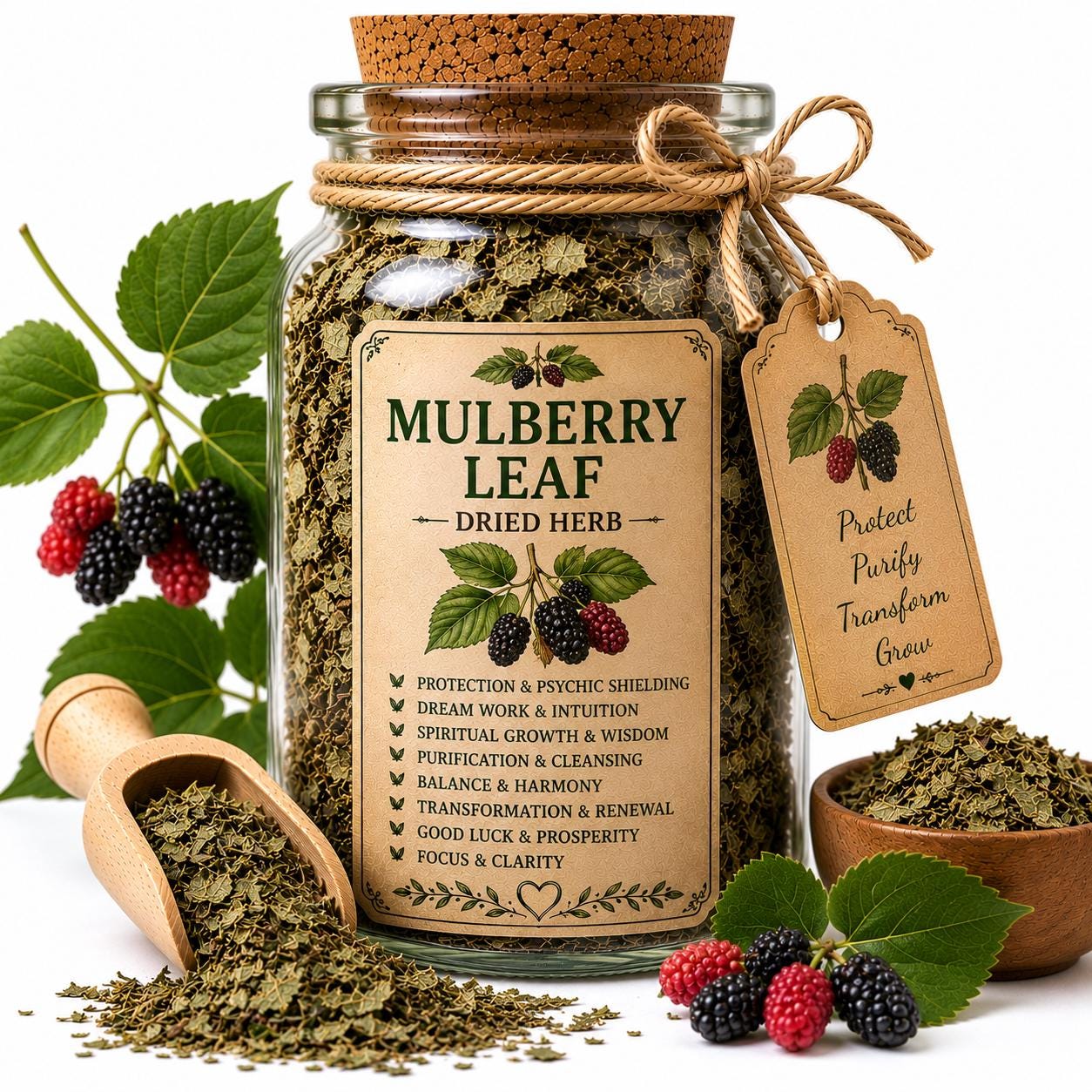 Herb Spell Jar + Spoon | Mulberry Leaf | Dried, Cut & Sifted | Morus Alba | 50ML