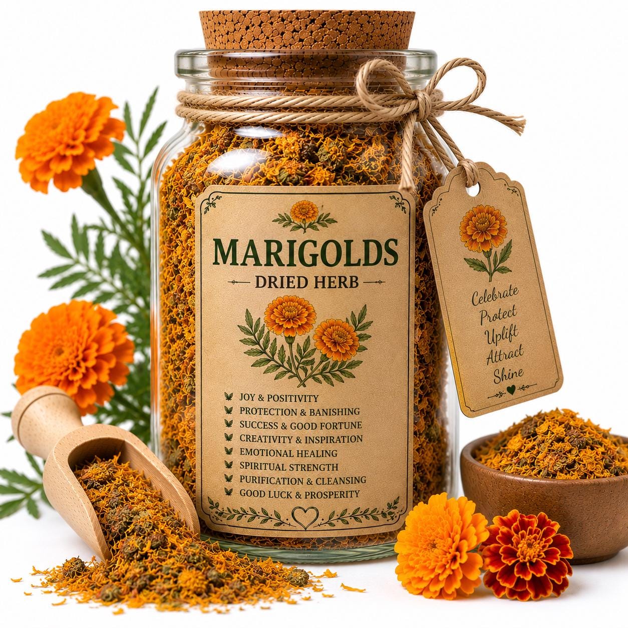 Herb Spell Jar + Spoon | Marigolds | Dried, Cut & Sifted | Tagetes Erecta | 50ML
