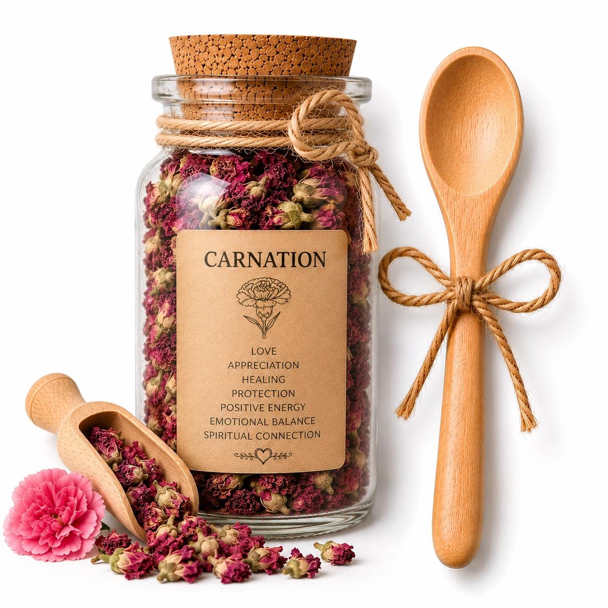 Herb Spell Jar + Spoon | Carnation | Dried, Cut & Sifted | Dianthus Caryophyllus | 50ML
