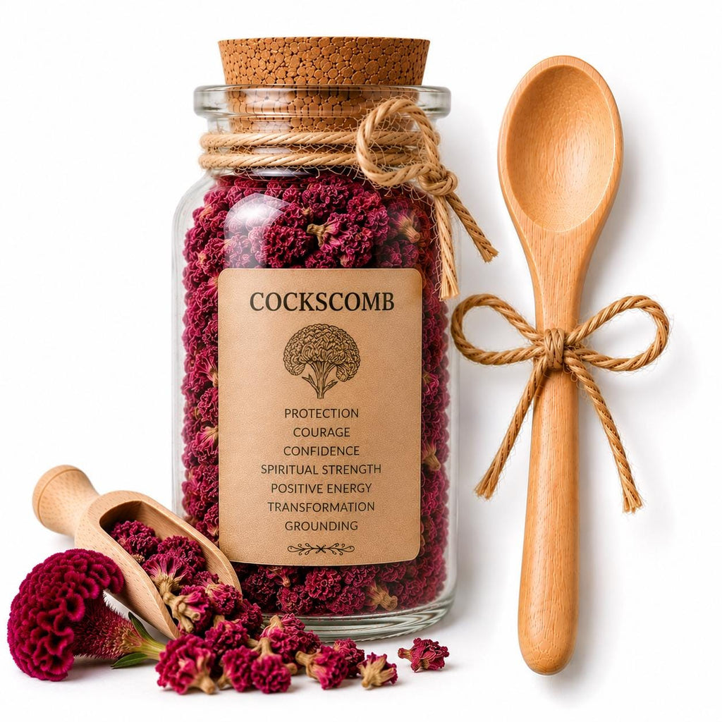 Herb Spell Jar + Spoon | Cockscomb | Dried, Cut & Sifted | Celosia Cristata | 50ML
