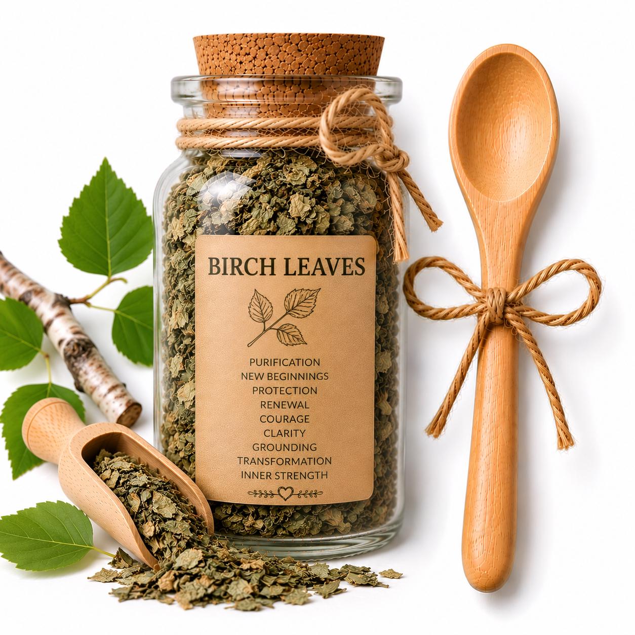 Herb Spell Jar + Spoon | Birch Leaves | Dried, Cut & Sifted | Renewal + Protection Botanical | 50ML
