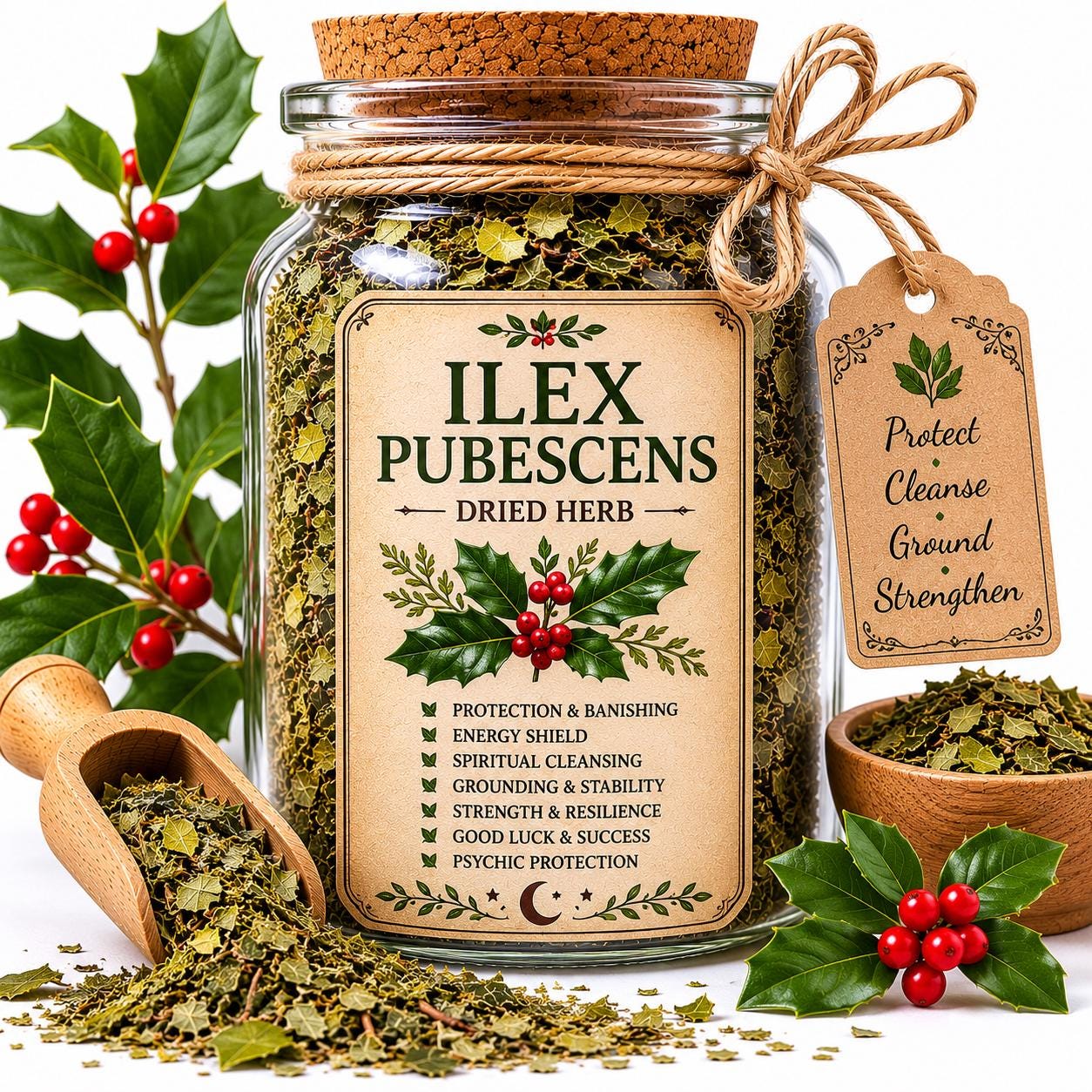 Herb Spell Jar + Spoon | Ilex Pubescens | Dried, Cut & Sifted | Ilex Pubescens | 50ML