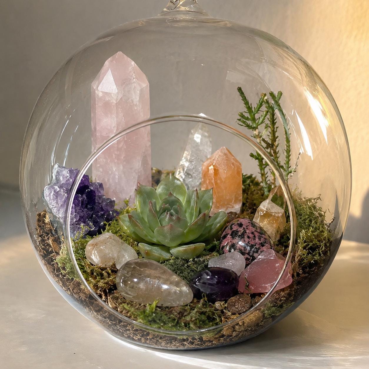 Crystals + Decor | Custom | Medium Sized Tabletop Scenic Crystal + Plant Terrarium Garden | 10 Premium Crystals