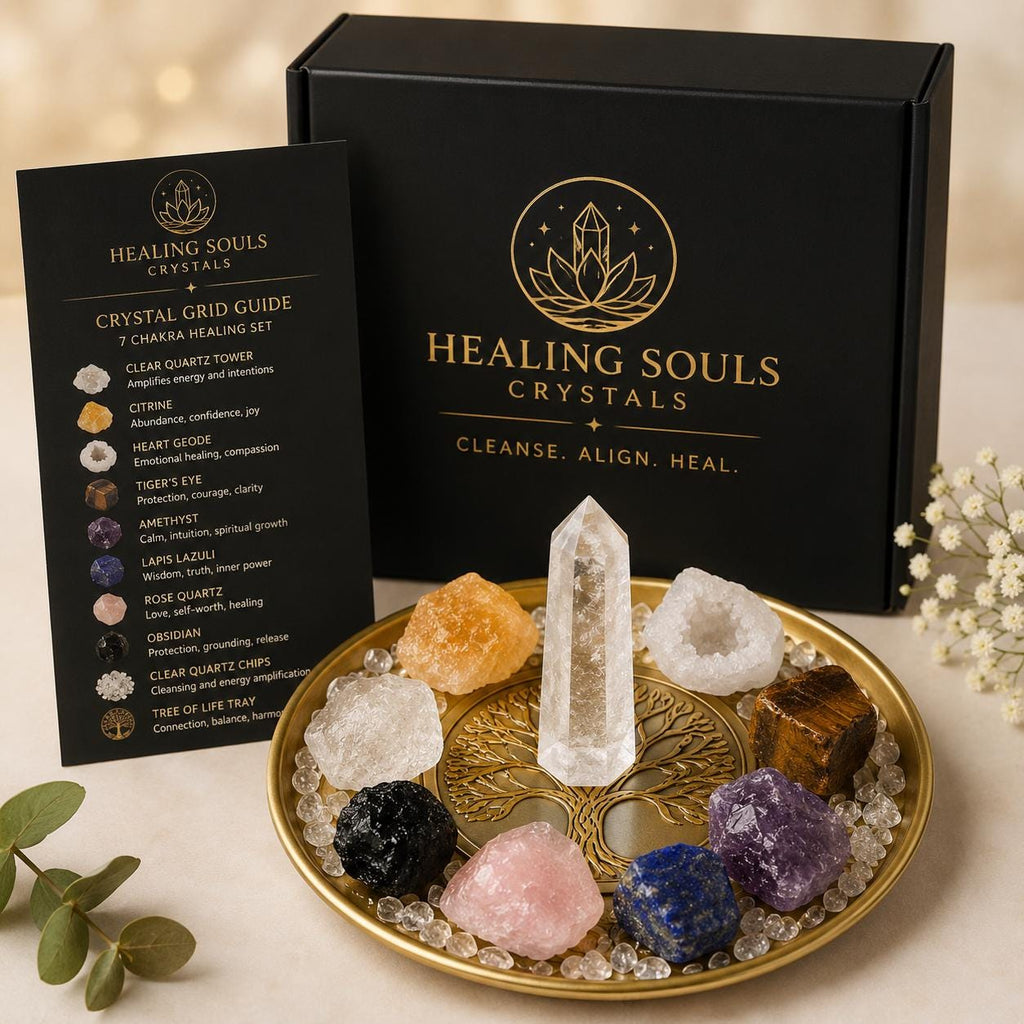 Crystal + Gifts | 9 Crystals Set + Gold Crystal Grid | 7 Chakra Crystal Grid Set  | 10 Pieces