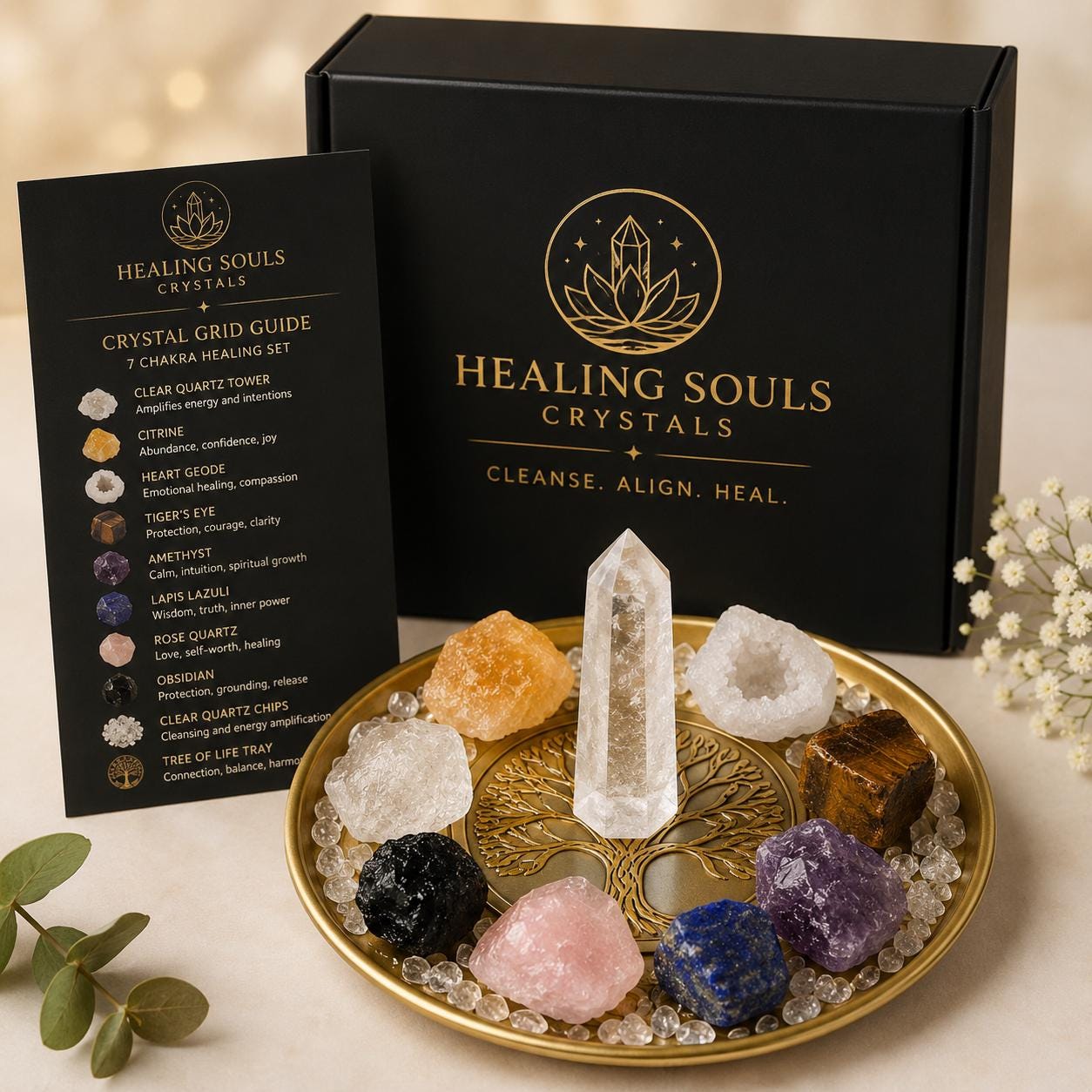 Crystal + Gifts | 9 Crystals Set + Gold Crystal Grid | 7 Chakra Crystal Grid Set  | 10 Pieces