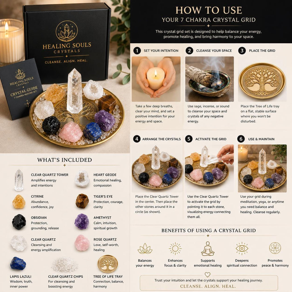 Crystal + Gifts | 9 Crystals Set + Gold Crystal Grid | 7 Chakra Crystal Grid Set  | 10 Pieces