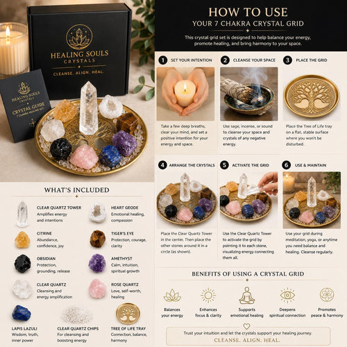 Crystal + Gifts | 9 Crystals Set + Gold Crystal Grid | 7 Chakra Crystal Grid Set  | 10 Pieces
