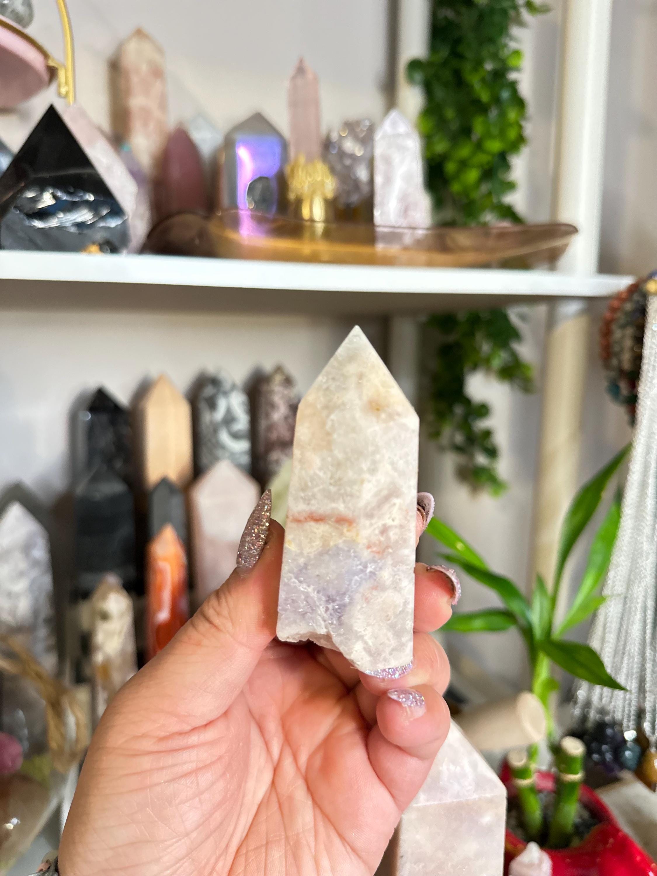 Crystal + Rocks| Beautiful | Pink Amethyst + Purple Flower Agate Tower | 3inch