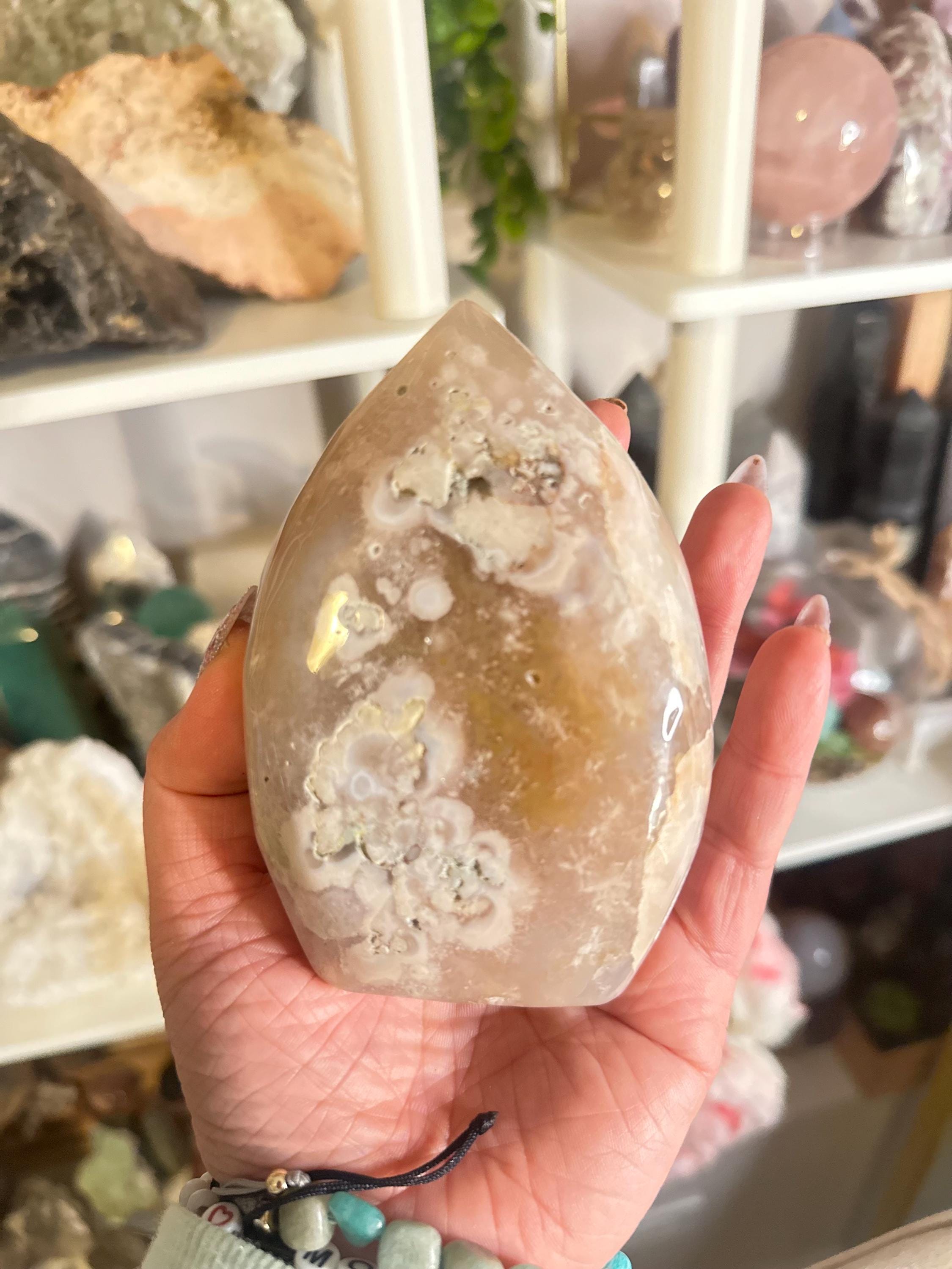 Crystal + Rocks | Large Polished | Pink Amethyst + Flower Agate Teardrop Freeform | 5in