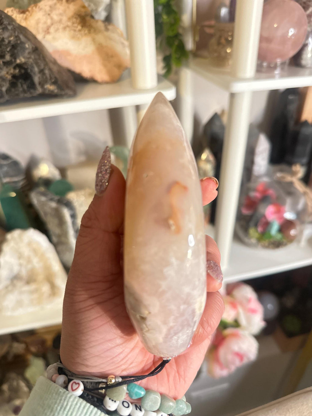 Crystal + Rocks | Large Polished | Pink Amethyst + Flower Agate Teardrop Freeform | 5in