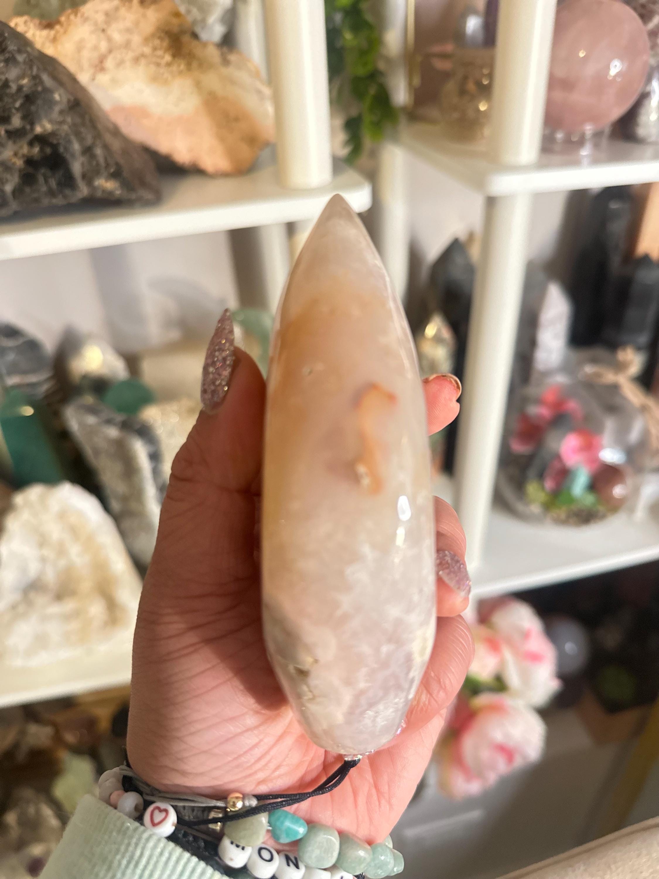 Crystal + Rocks | Large Polished | Pink Amethyst + Flower Agate Teardrop Freeform | 5in