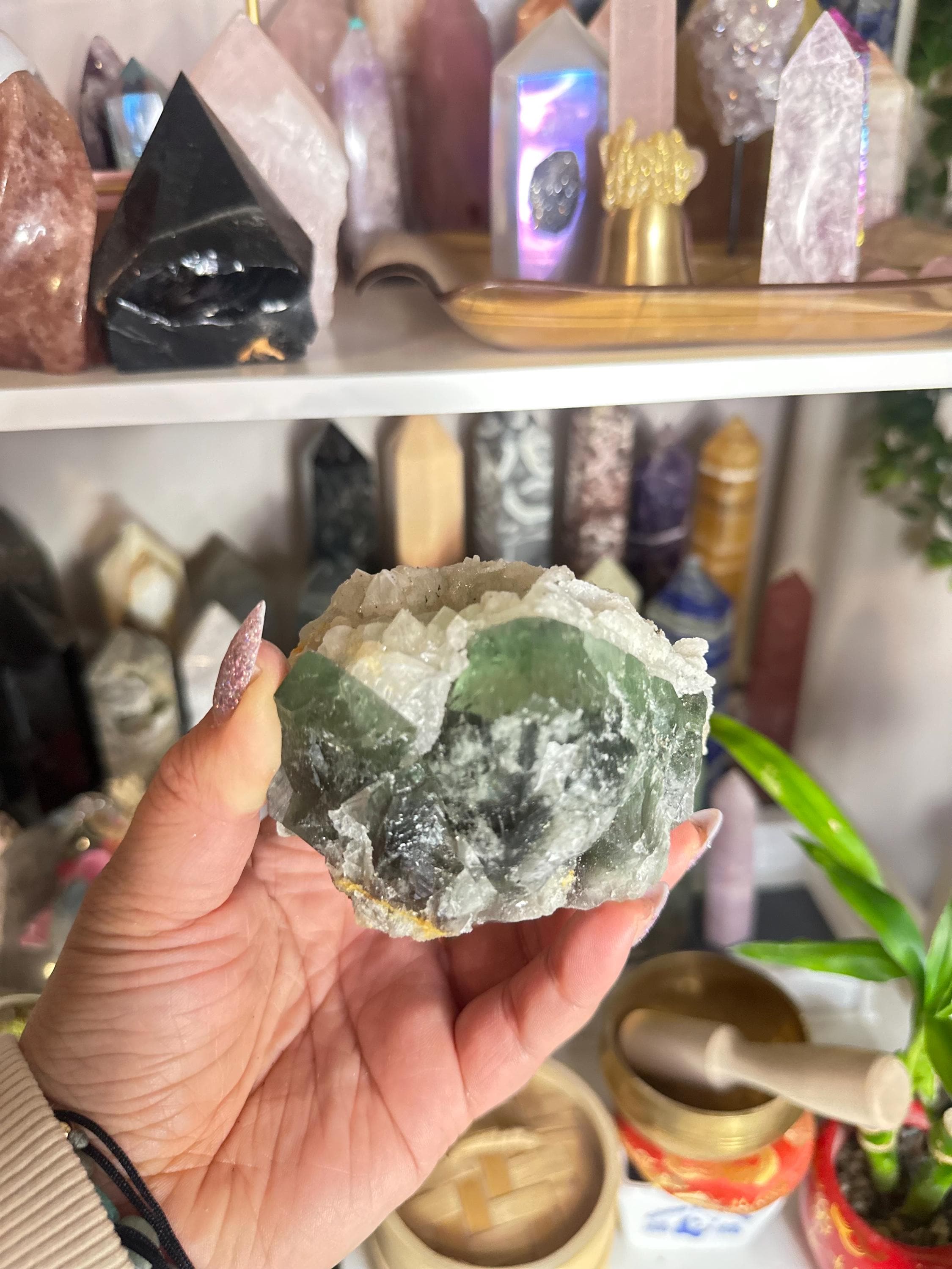 Crystal + Rocks | Raw | Green Cubic Fluorite on Calcite | 4inch