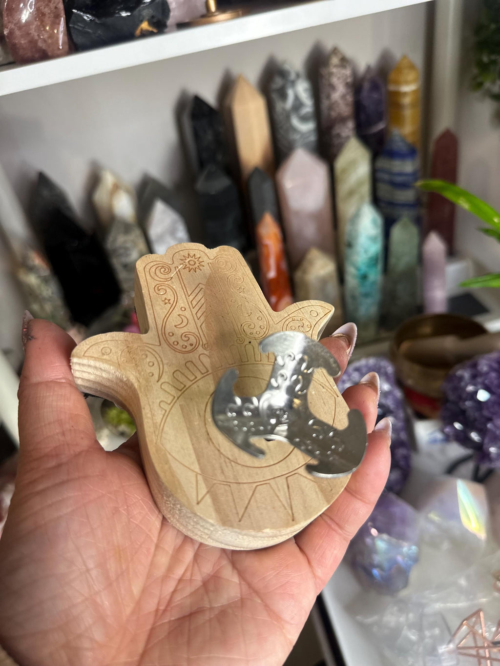 Crystal Stand + Accessories | Large Wooden Hamsa Stand Sphere Holder