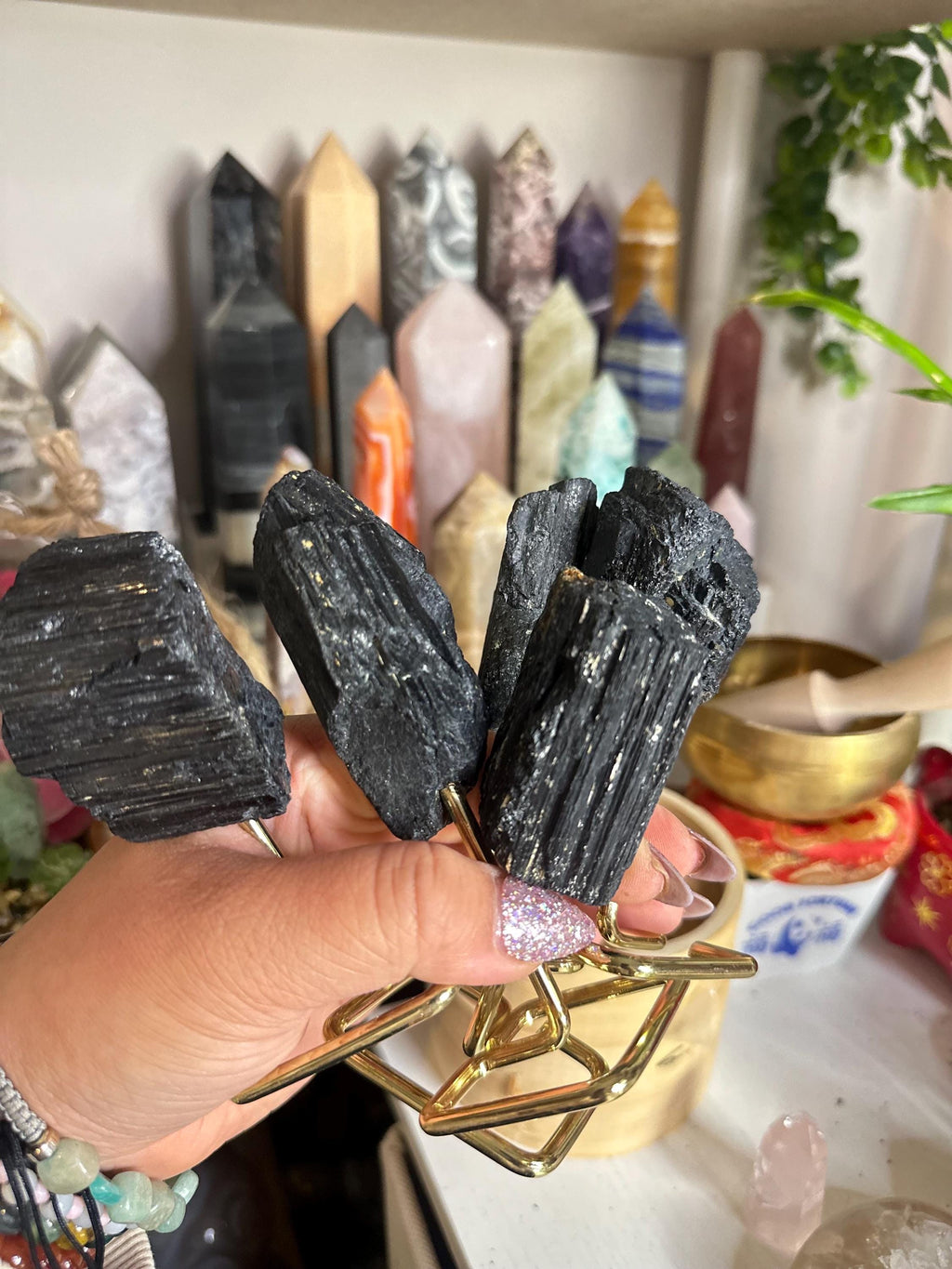 Crystal + Rocks | Unique | Polished Black Tourmaline on Gold Stand | 4in