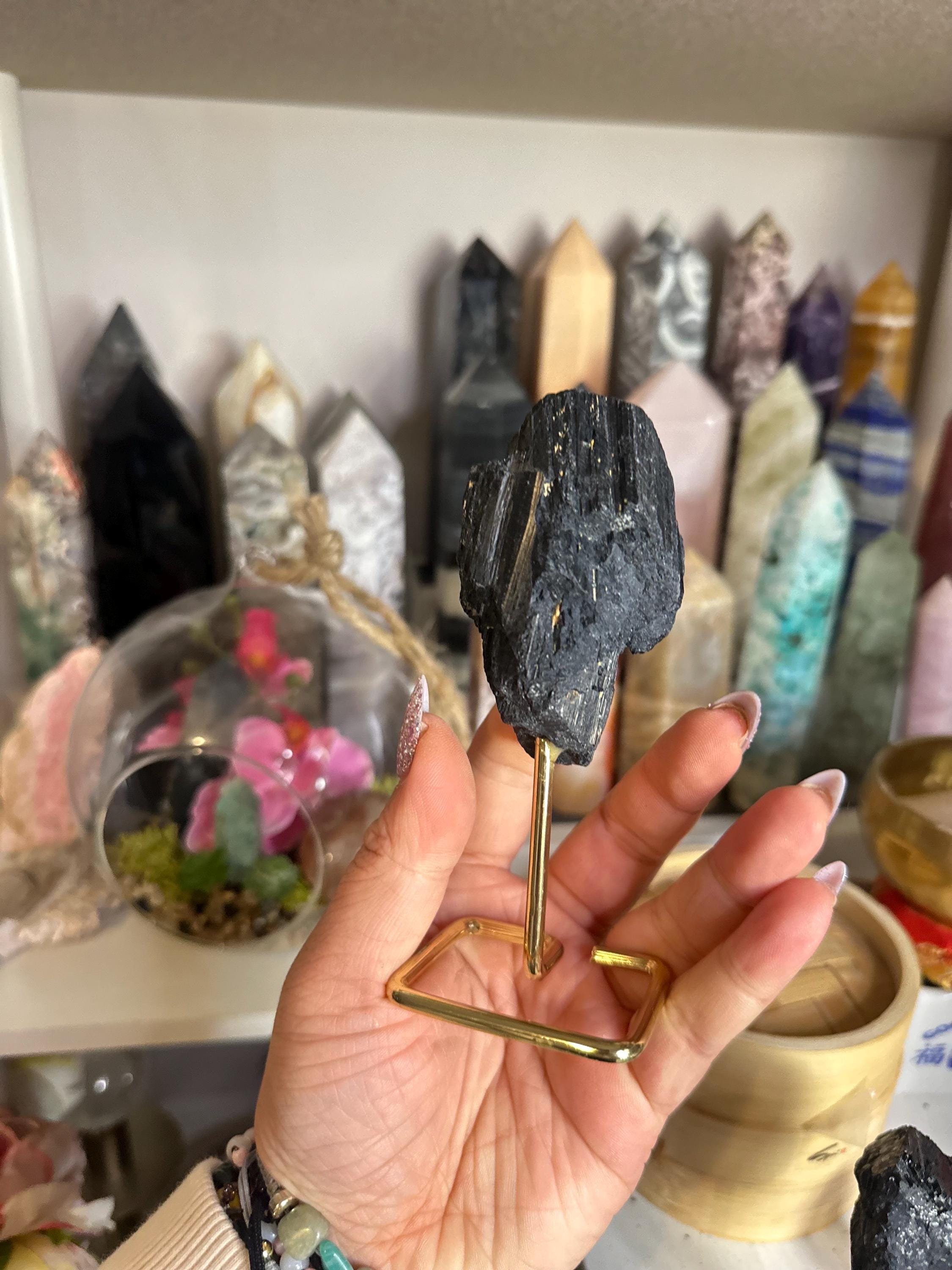 Crystal + Rocks | Unique | Polished Black Tourmaline on Gold Stand | 4in