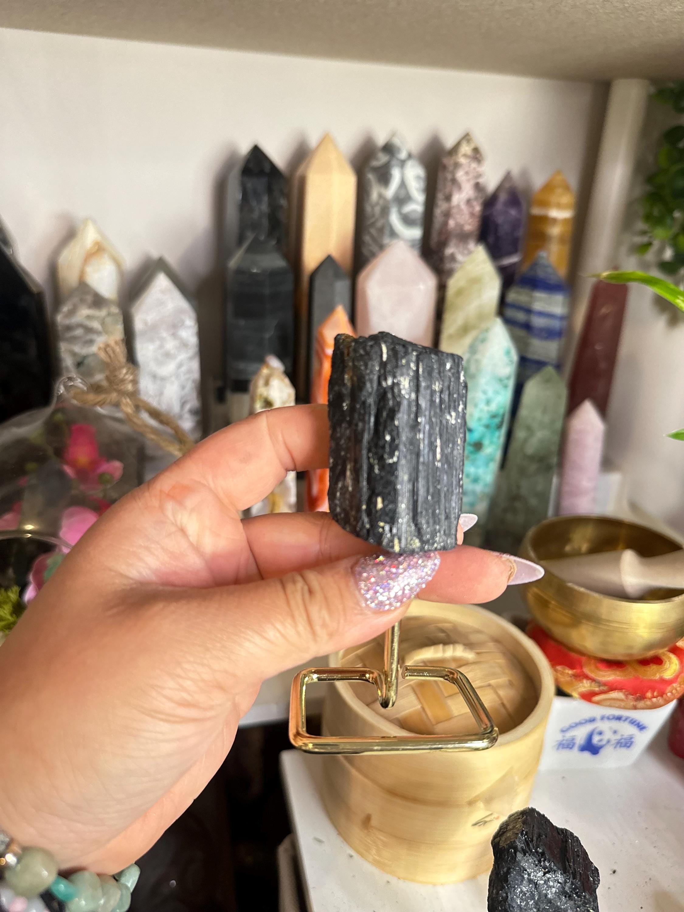 Crystal + Rocks | Unique | Polished Black Tourmaline on Gold Stand | 4in