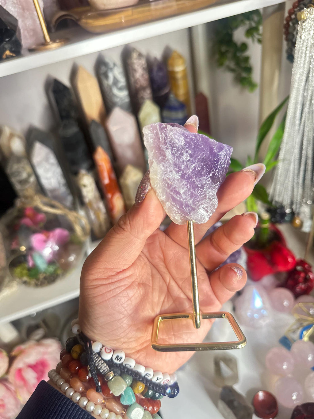 Crystal + Rocks | Unique | Translucent Raw Amethyst on Gold Stand | 4inch