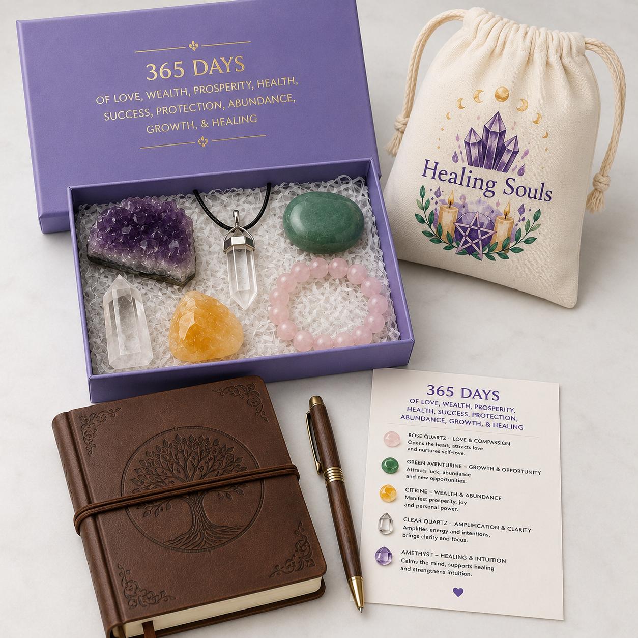Crystal + Gifts | Crystals Set + Leather Notebook + Pen | 365 Days of Love Weath Adundance Health Growth  Protection Healing | 8 Pieces