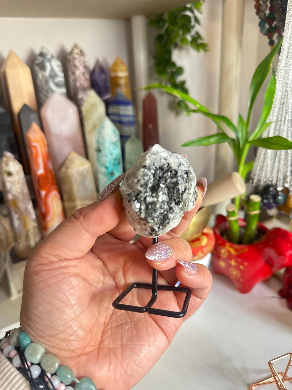 Crystal + Rocks| Rare + Unique | Green Tourmaline on a Stand | 4in