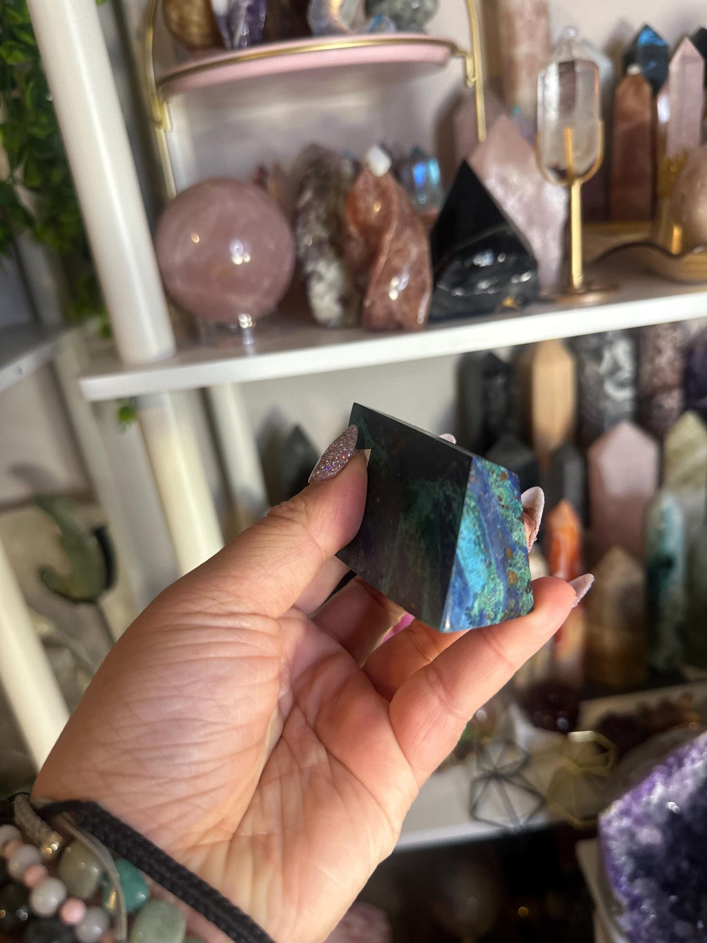 Crystal + Rocks| Matte Polished | Malachite in Azurite Standing Freeform | 4in