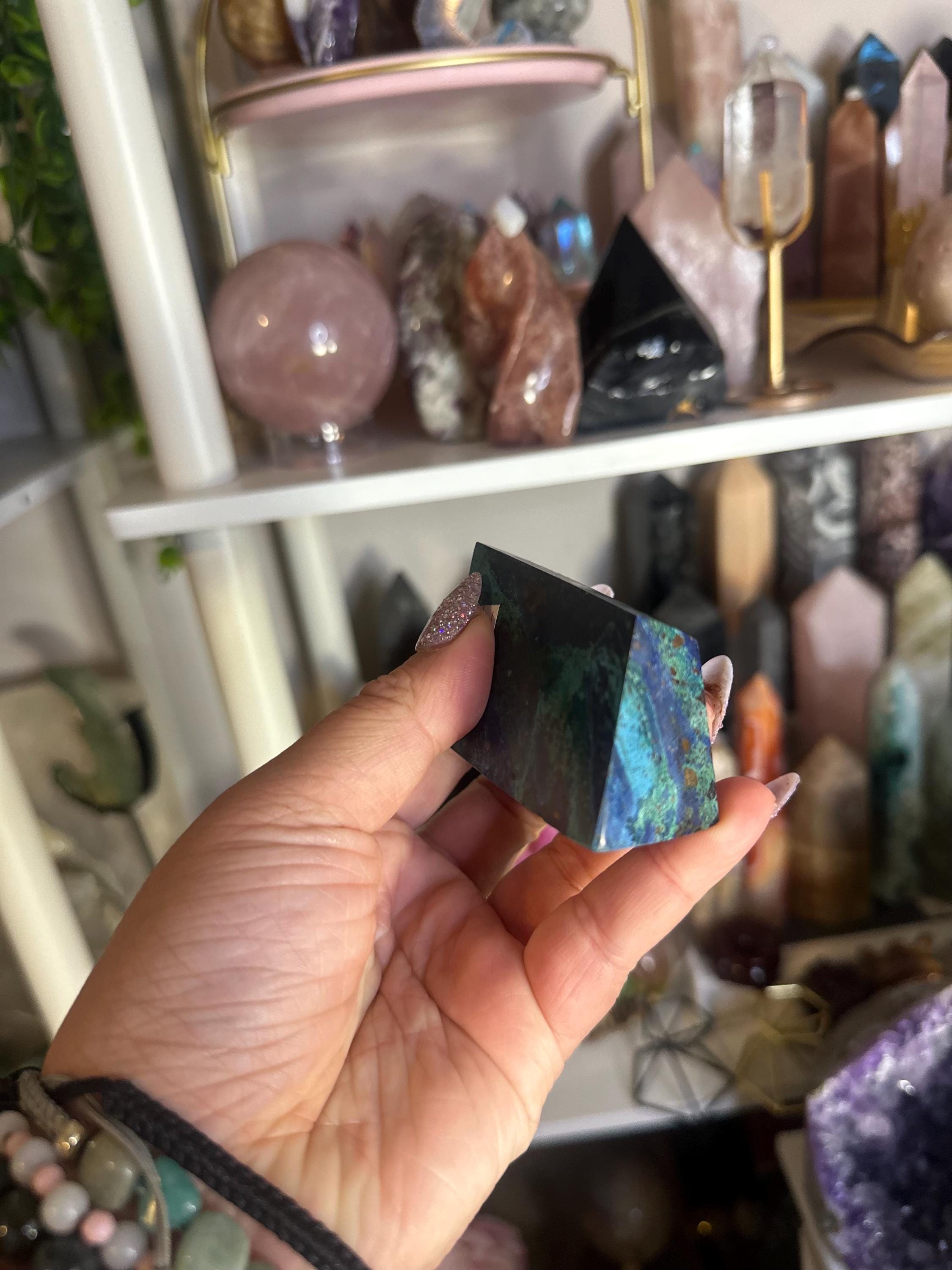 Crystal + Rocks| Matte Polished | Malachite in Azurite Standing Freeform | 4in