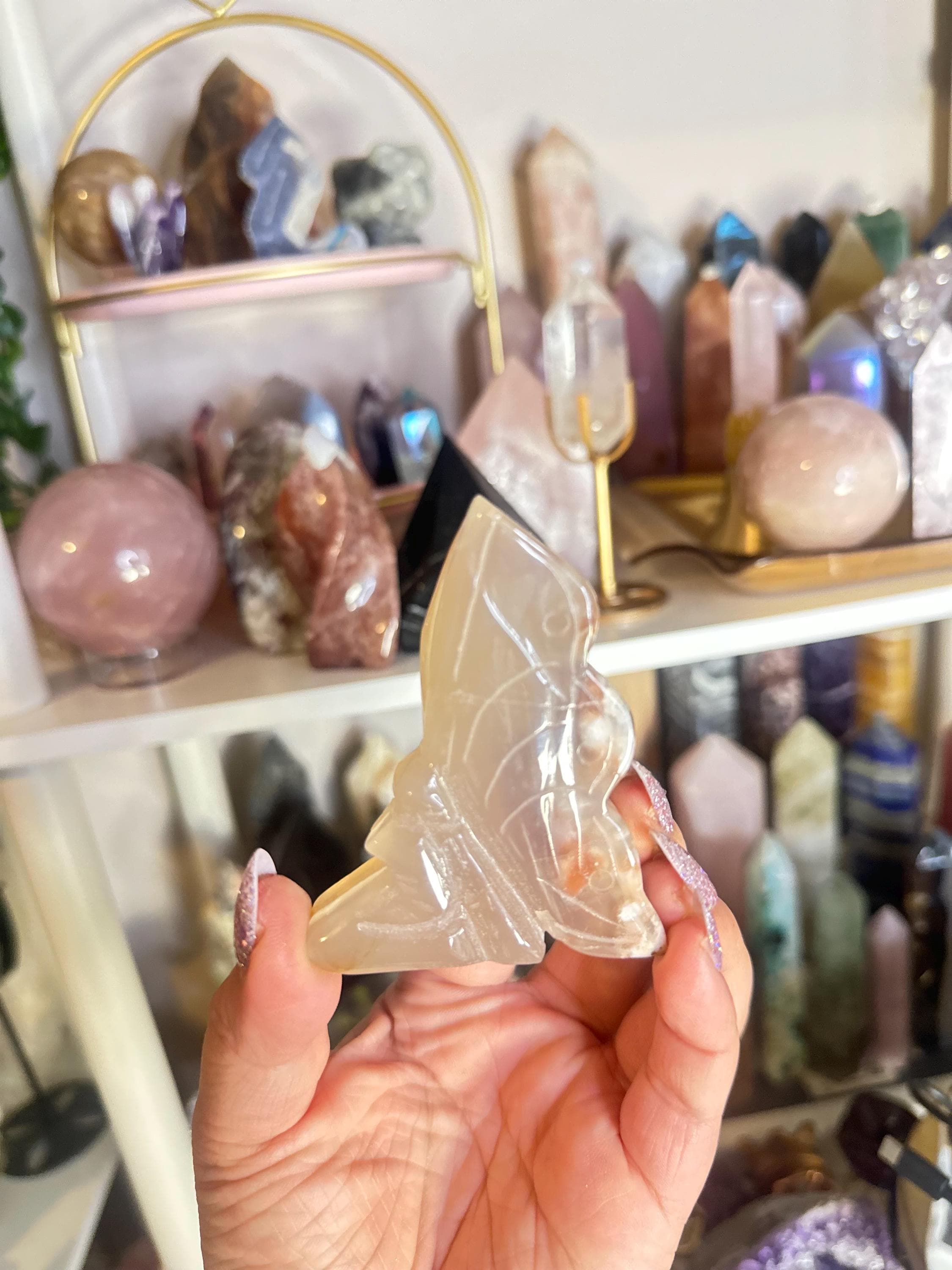 Crystal + Rocks| Polished | Flower Agate Standing Fairy Butterfly Carving | 4in