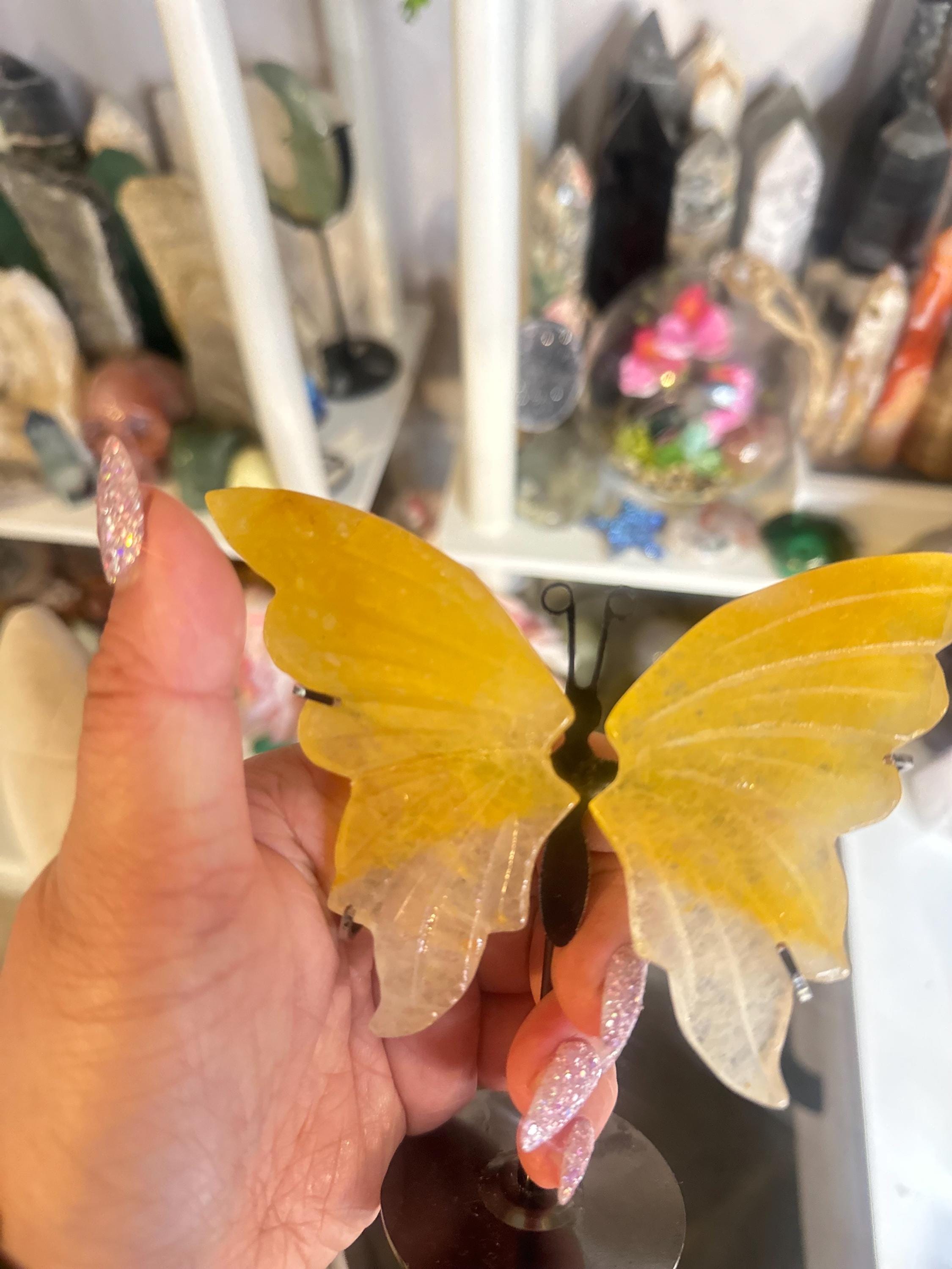 Crystal + Rocks | IMPERFECT CRYSTAL | Glued Golden Healer Butterfly Wings on a Stand | 6in