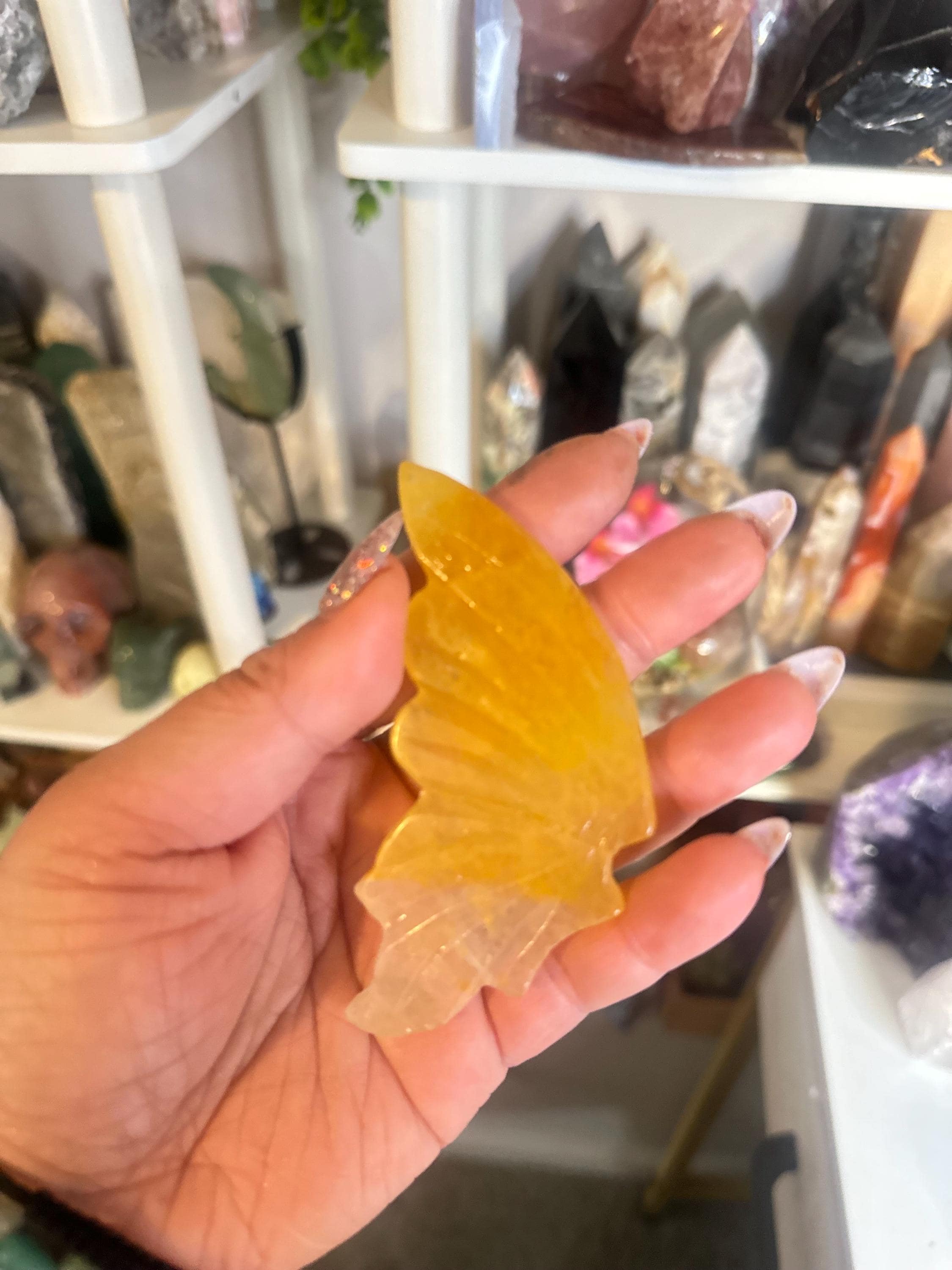 Crystal + Rocks | IMPERFECT CRYSTAL | Glued Golden Healer Butterfly Wings on a Stand | 6in