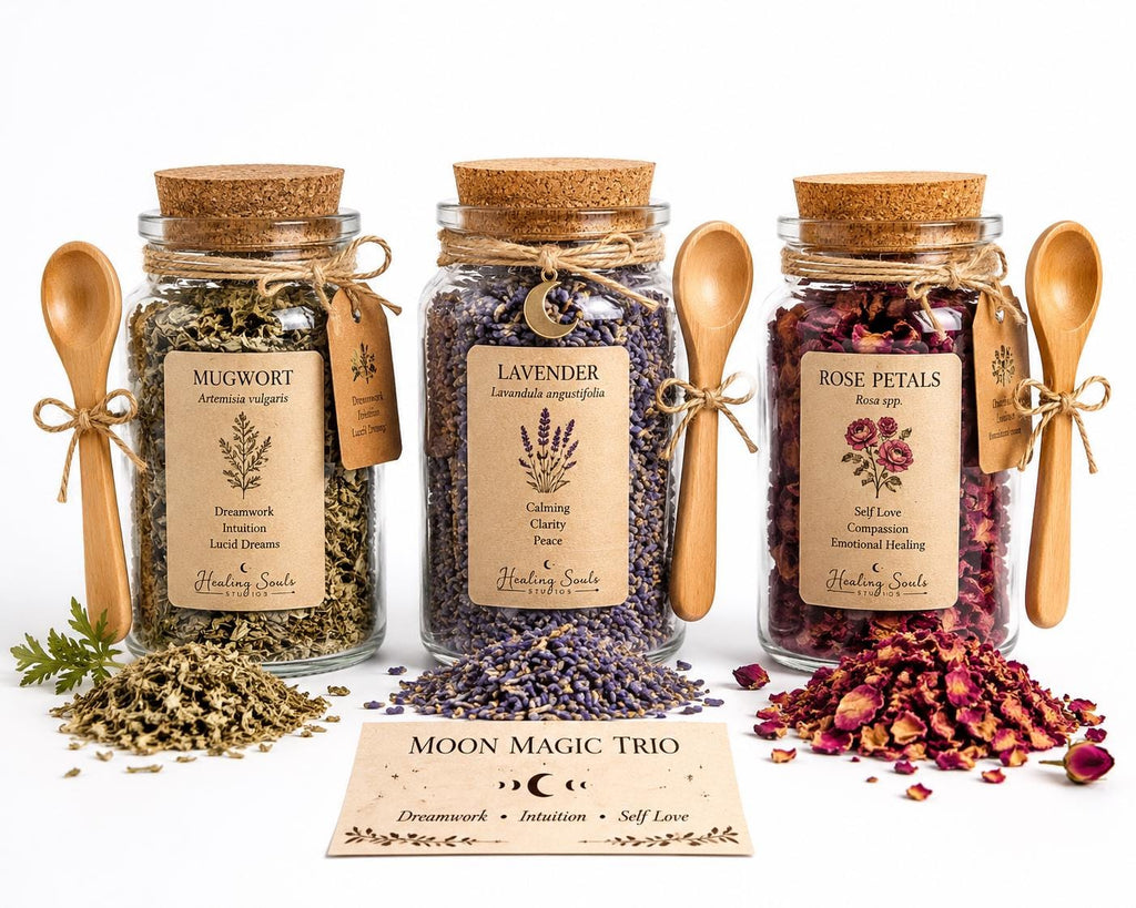 Spell Jar + Spoon Bundle | Moon Magic Trio Deluxe Gift Box | Dried, Cut & Sifted | Mugwort | Lavender | Rose Petal | 150ML