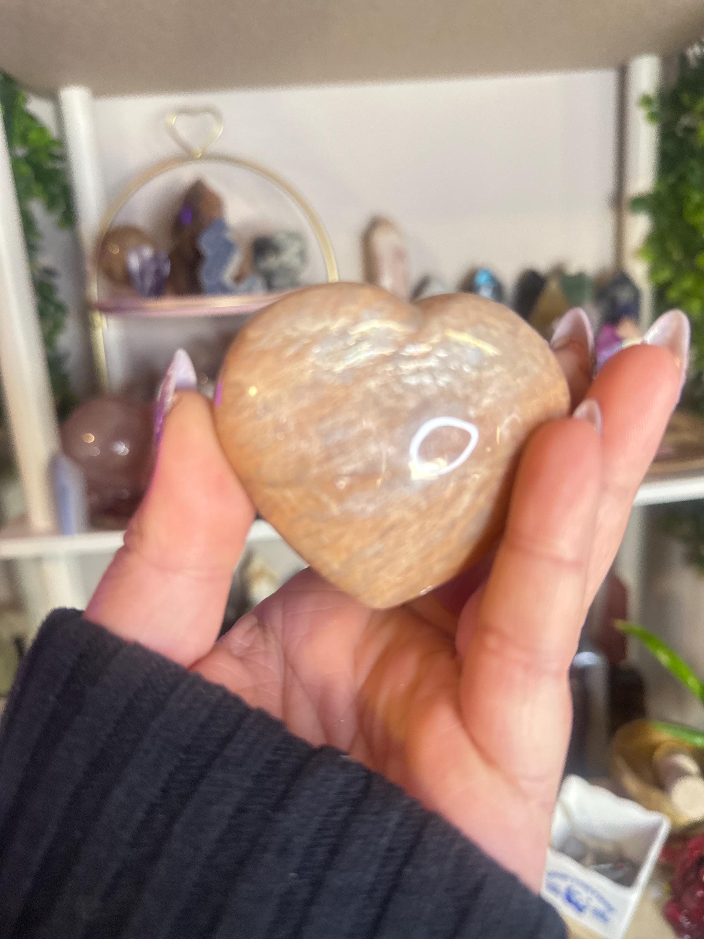 Crystal + Rocks | Intuitive Pick | Puffy Flashy Peach Moonstone Hearts | 2.5in