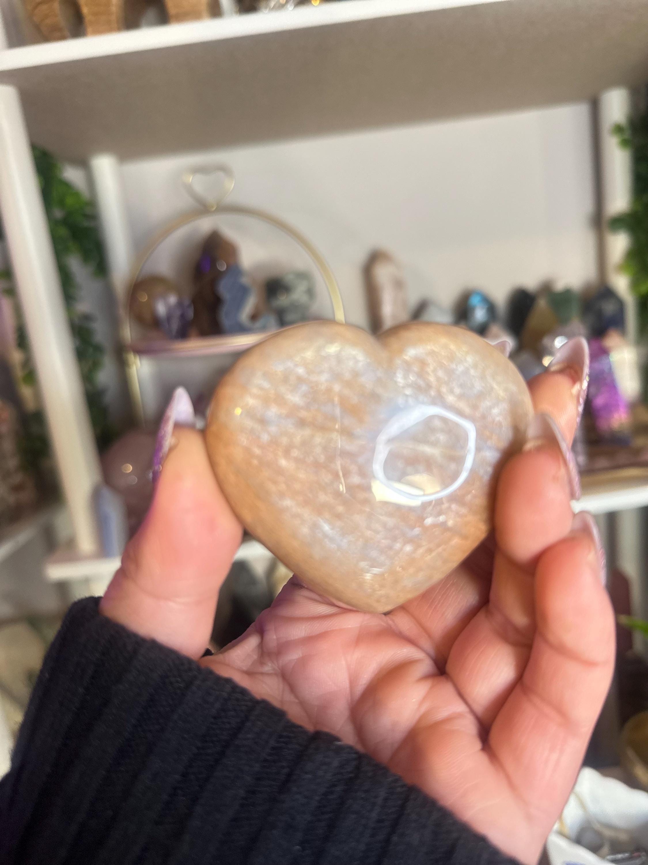 Crystal + Rocks | Intuitive Pick | Puffy Flashy Peach Moonstone Hearts | 2.5in
