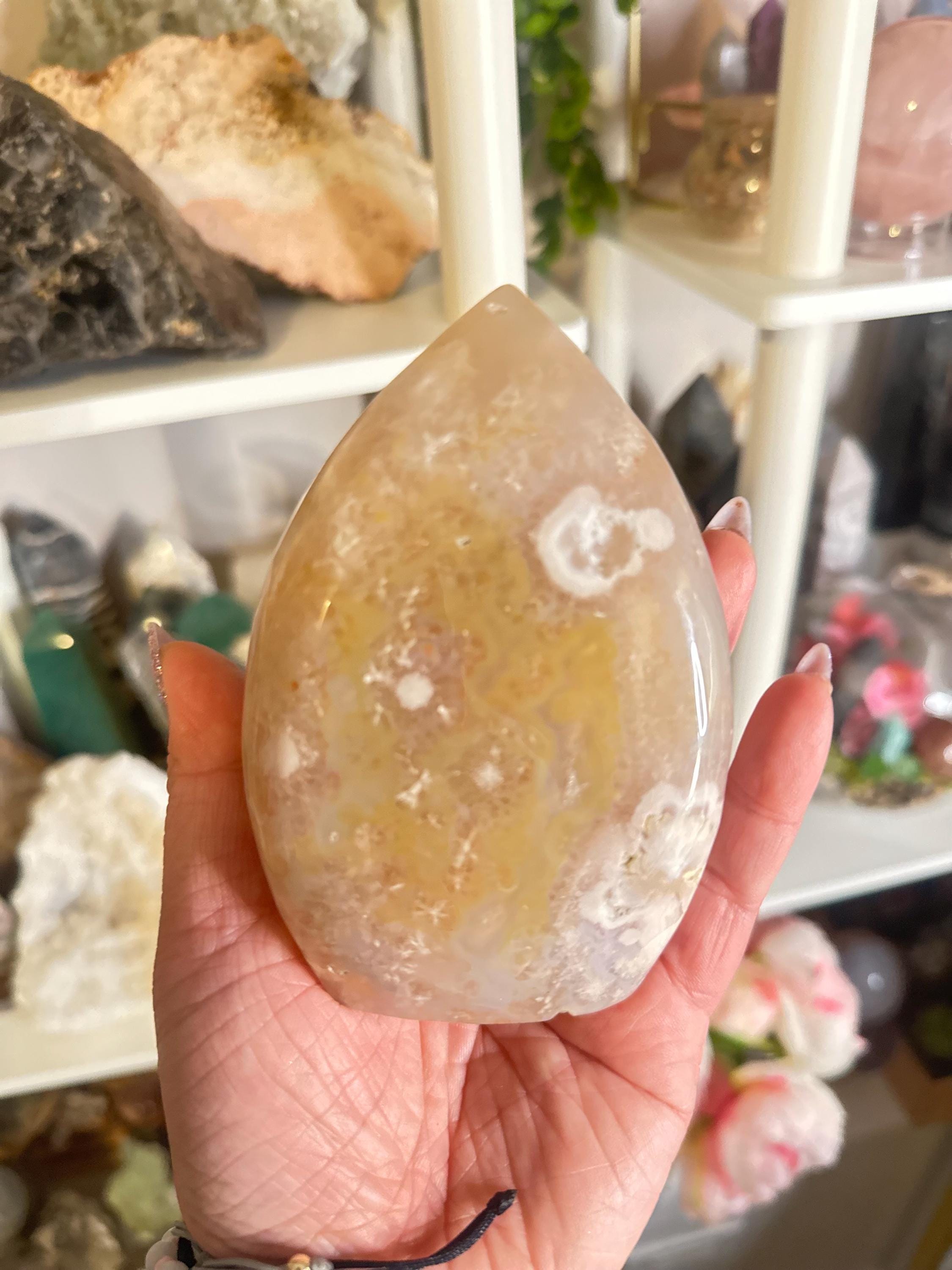 Crystal + Rocks | Large Polished | Pink Amethyst + Flower Agate Teardrop Freeform | 5in