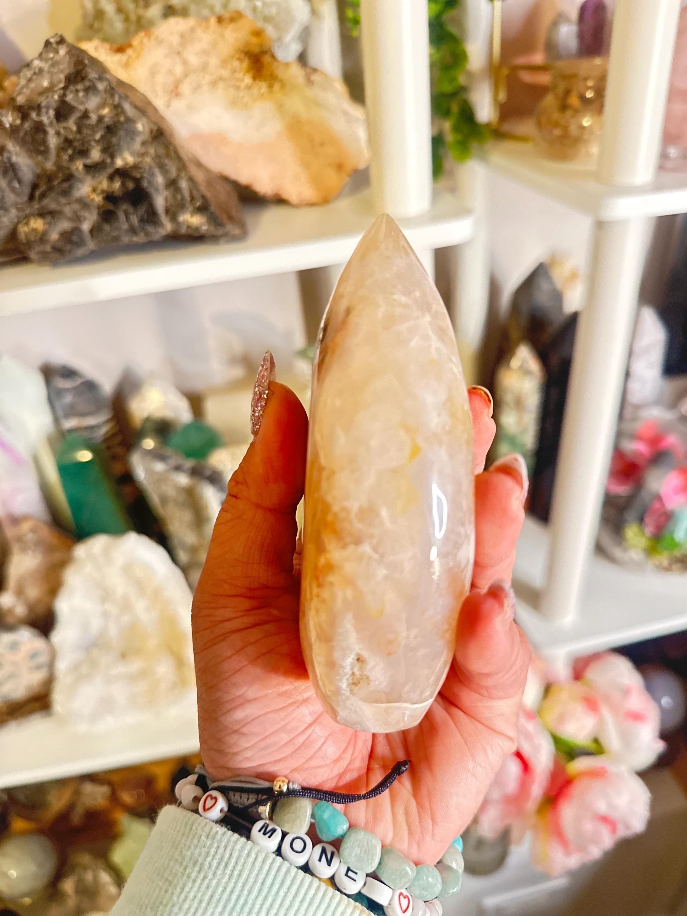 Crystal + Rocks | Large Polished | Pink Amethyst + Flower Agate Teardrop Freeform | 5in
