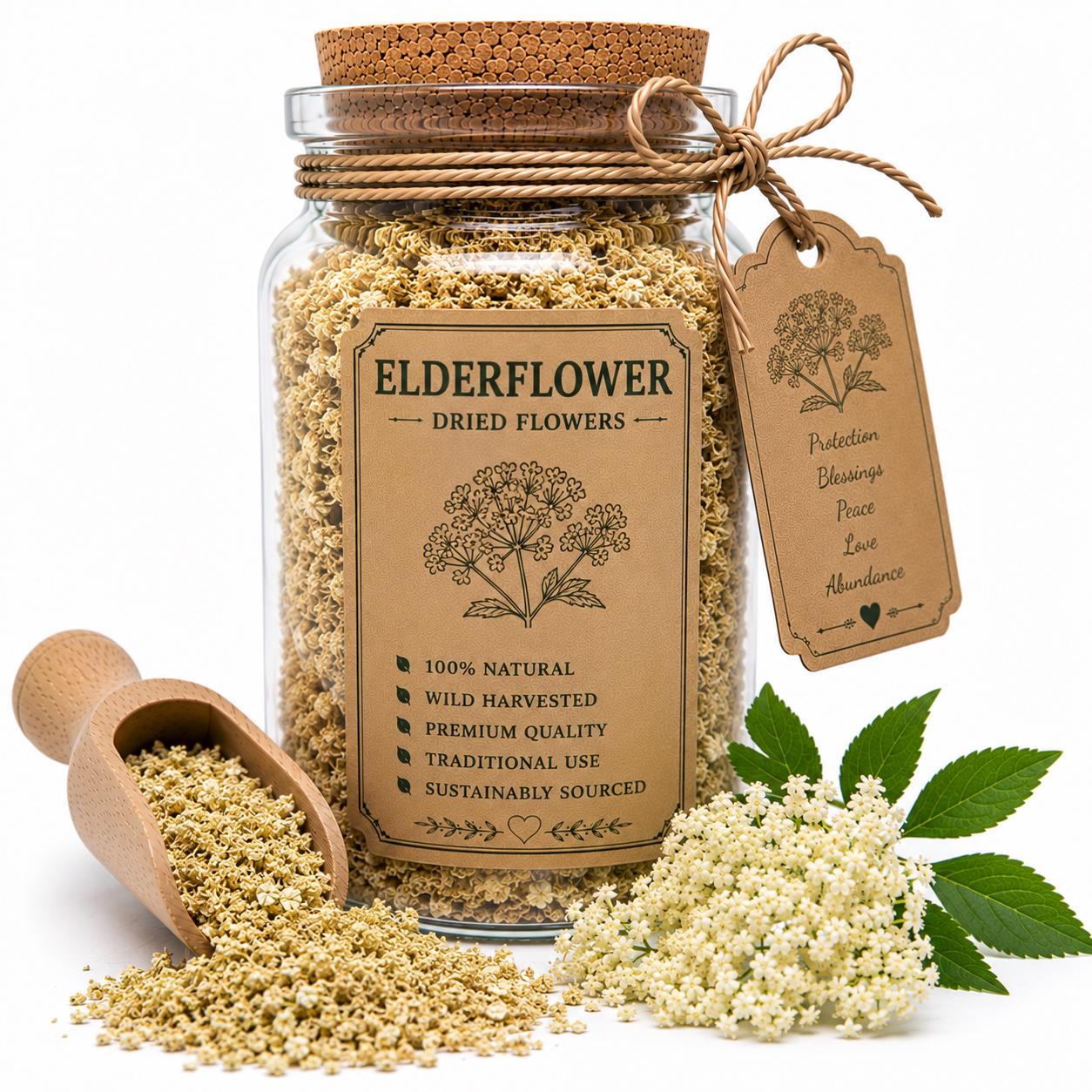 Herb Spell Jar + Spoon | Elderflower | Dried, Cut & Sifted | Sambucus Nigra | 50ML